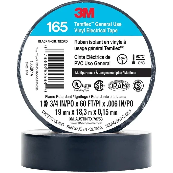 3M 165BK4A TEMFLEX GENERAL USE VINYL ELECTRICAL TAPE, BLACK, 3/4″ X 60 FT., 6 MIL, PACK OF 10
