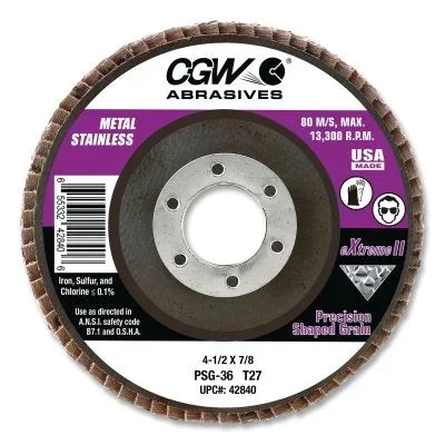 CGW Abrasives 43900 PSG eXtreme II Type 27 XL Flap Disc, 5 in dia, 36 Grit, 7/8 in arbor, 12200 RPM, Compact XL