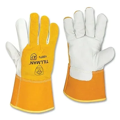 Tillman 13573X MIG Welding Gloves, 1357, Top Gr Cowhide Palm/Split Cowhide BOH/Cuff, 3XL, Pearl/Bourbon Brn, 4 in L Straight Cuff