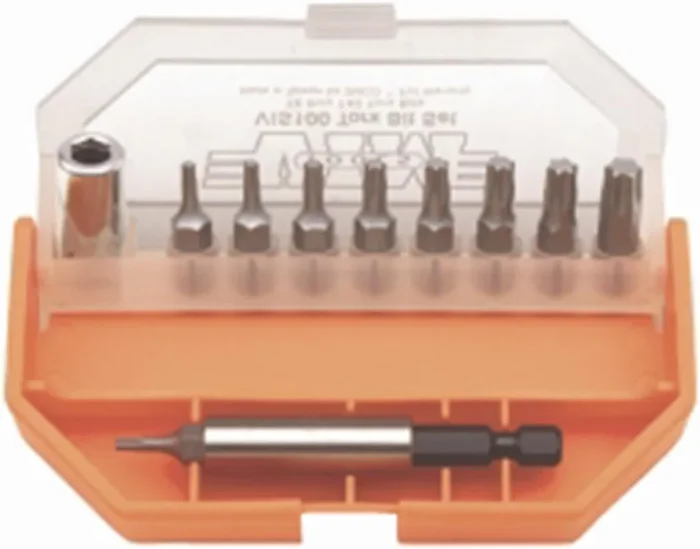 VIM Tools VIS100 Torx T8 Thru T40 11 Pc Set, 1/4″ Hex Magnetic Driver & Bit Holder, Orange Box