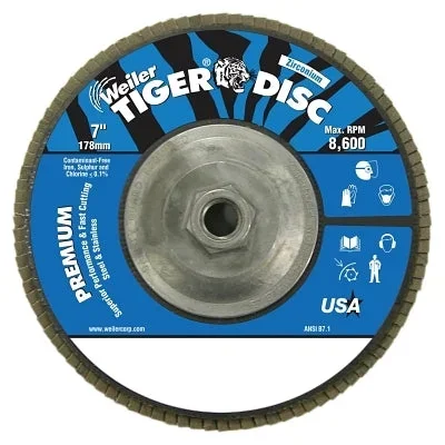 Weiler 50545 Tiger Disc Angled Style Flap Disc 7 in dia 80 Grit 5/8 in-11 8600 rpm Type 29
