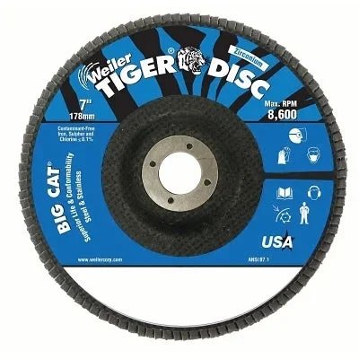 Weiler 50825 Tiger Big Cat High Density Flap Disc, 7 in dia, 80 Grit, 7/8 in Arbor, 8,600 RPM, Type 27