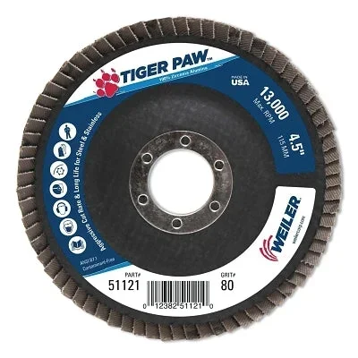 Weiler 51121 Tiger Paw TY29 Coated Abrasive Flap Disc, 4-1/2 in, 80 Grit, 7/8 Arbor, 13,000 RPM