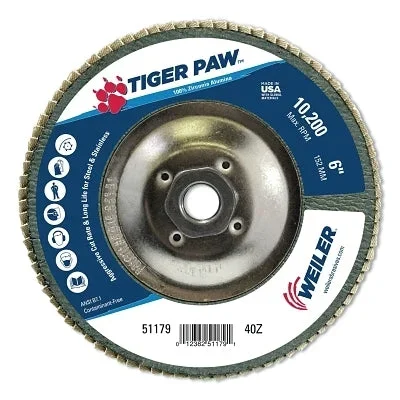 Weiler 51179 Tiger Paw TY29 Coated Abrasive Flap Disc, 6 in, 40 Grit, 5/8 in-11 Hub Arbor