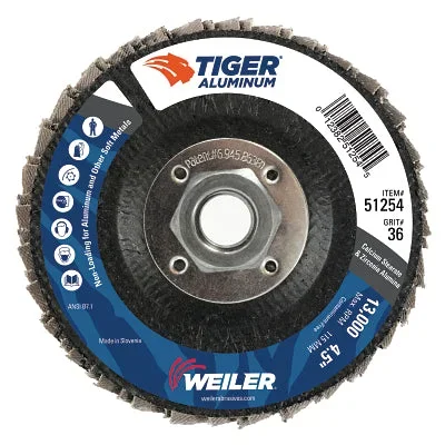 Weiler 51254 Trimmable Tiger Flap Disc, 4-1/2 in dia, 36 grit, 5/8 in to 11 in arbor, 13000 RPM