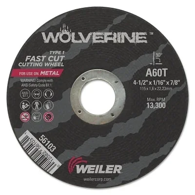 Weiler 56060 Wolverine Cut-Off Wheel, Type 1, AO, 3 in dia x 3/8 in Arbor x 1/16 in Thick, 36T, 100 EA/CT