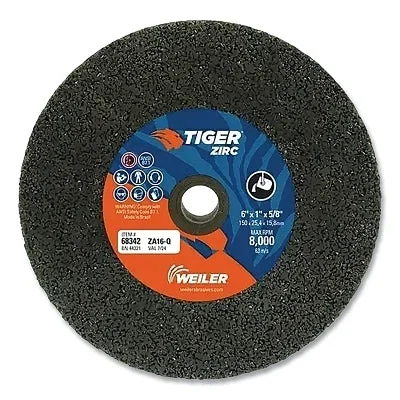 Weiler 68342 Tiger Snagging Wheel, 6 in dia x 1 in Thick x 5/8 in Arbor, 16 Grit, Zirconia Alumina, Type 1, 5 EA/BX